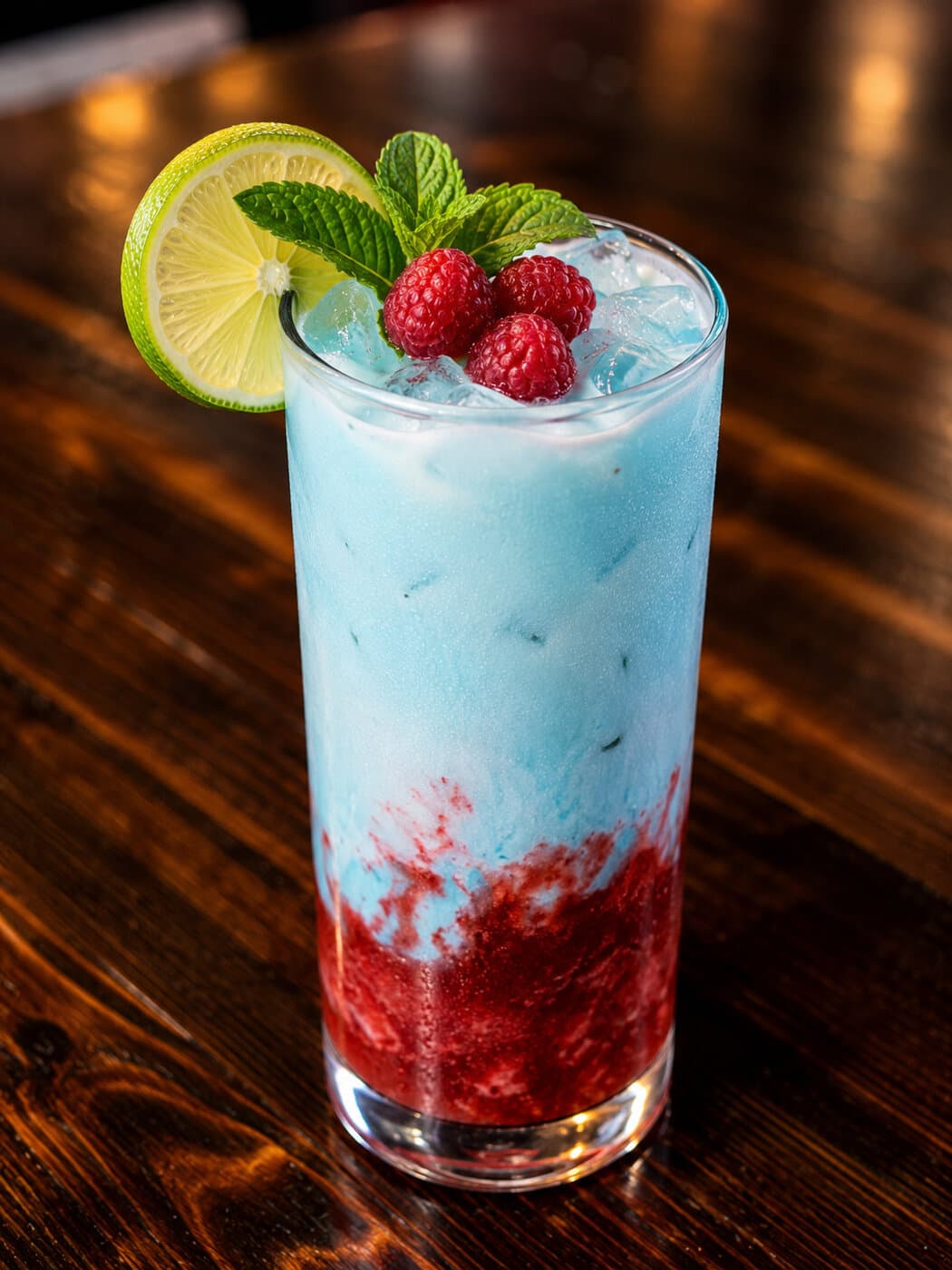 Layered blue cocktail with raspberries, mint, and lime at Mediterra Houston