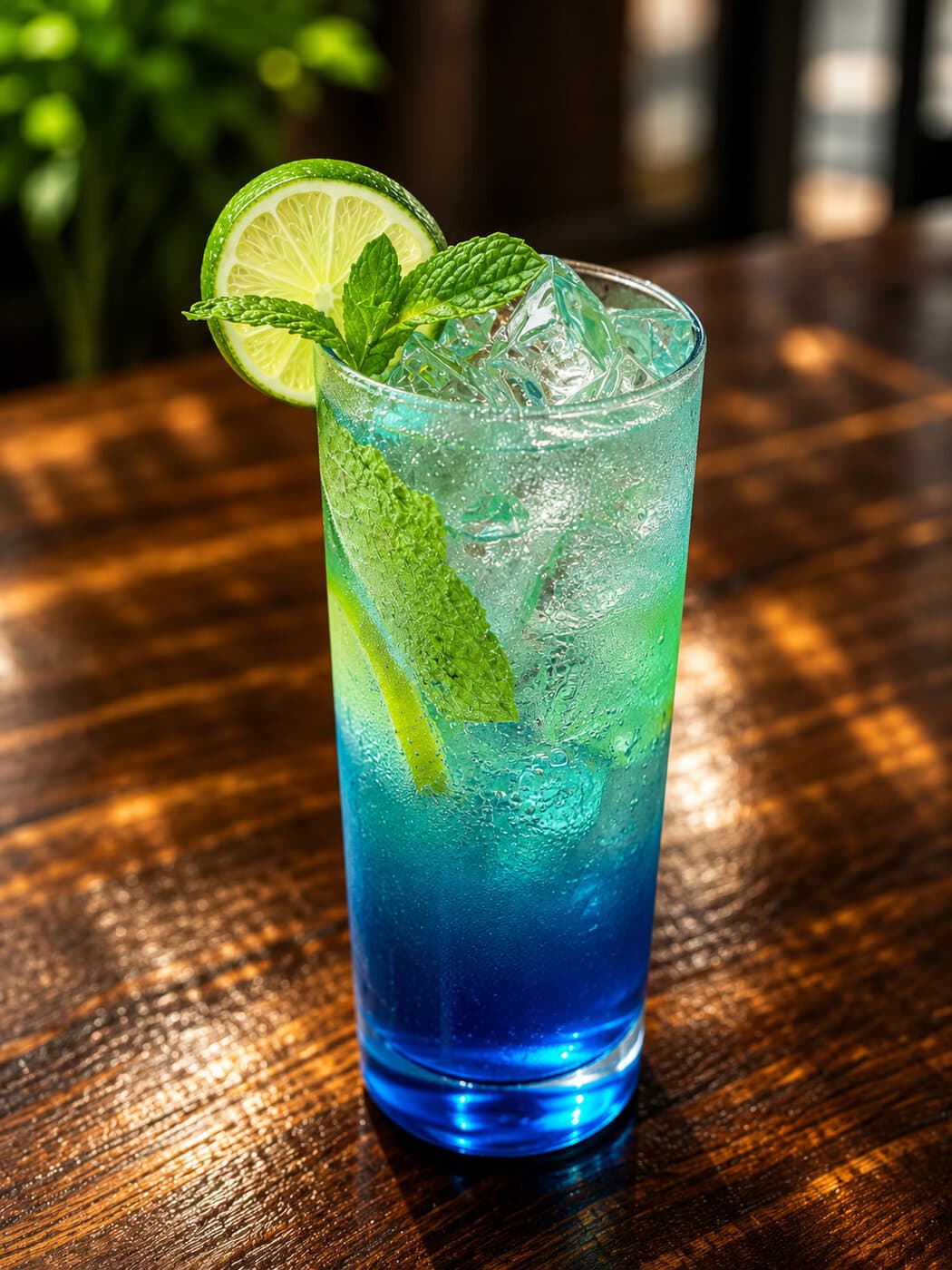 Blue lagoon cocktail with lime and mint at Mediterra Houston