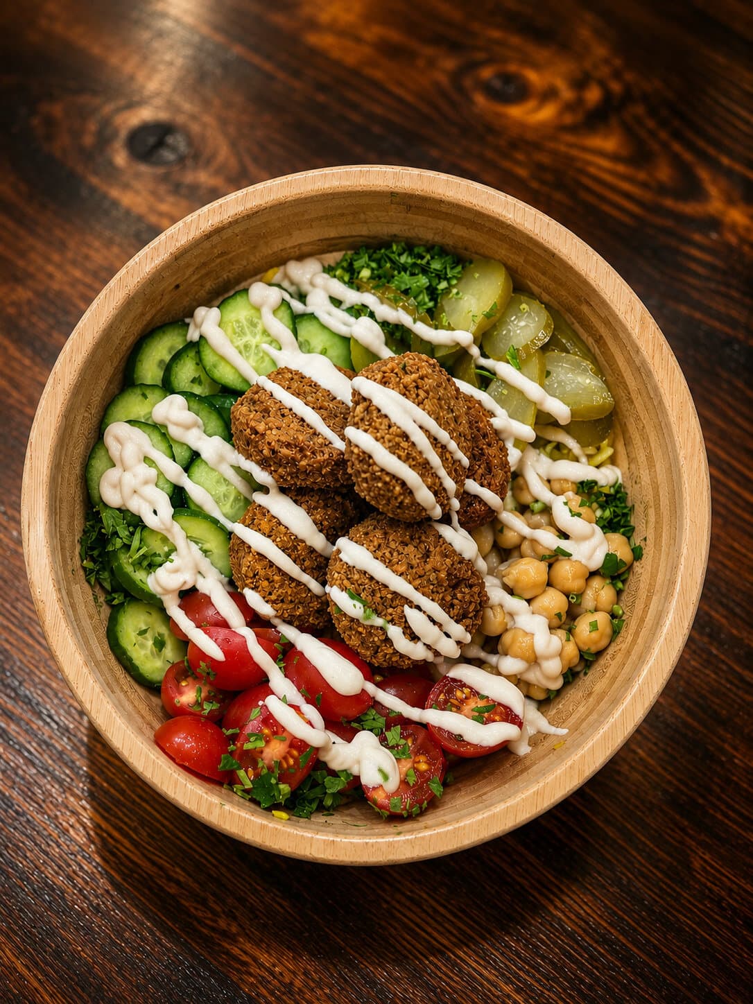 Falafel bowl with tahini, cucumber, cherry tomatoes, chickpeas, and pickles at Mediterra Houston