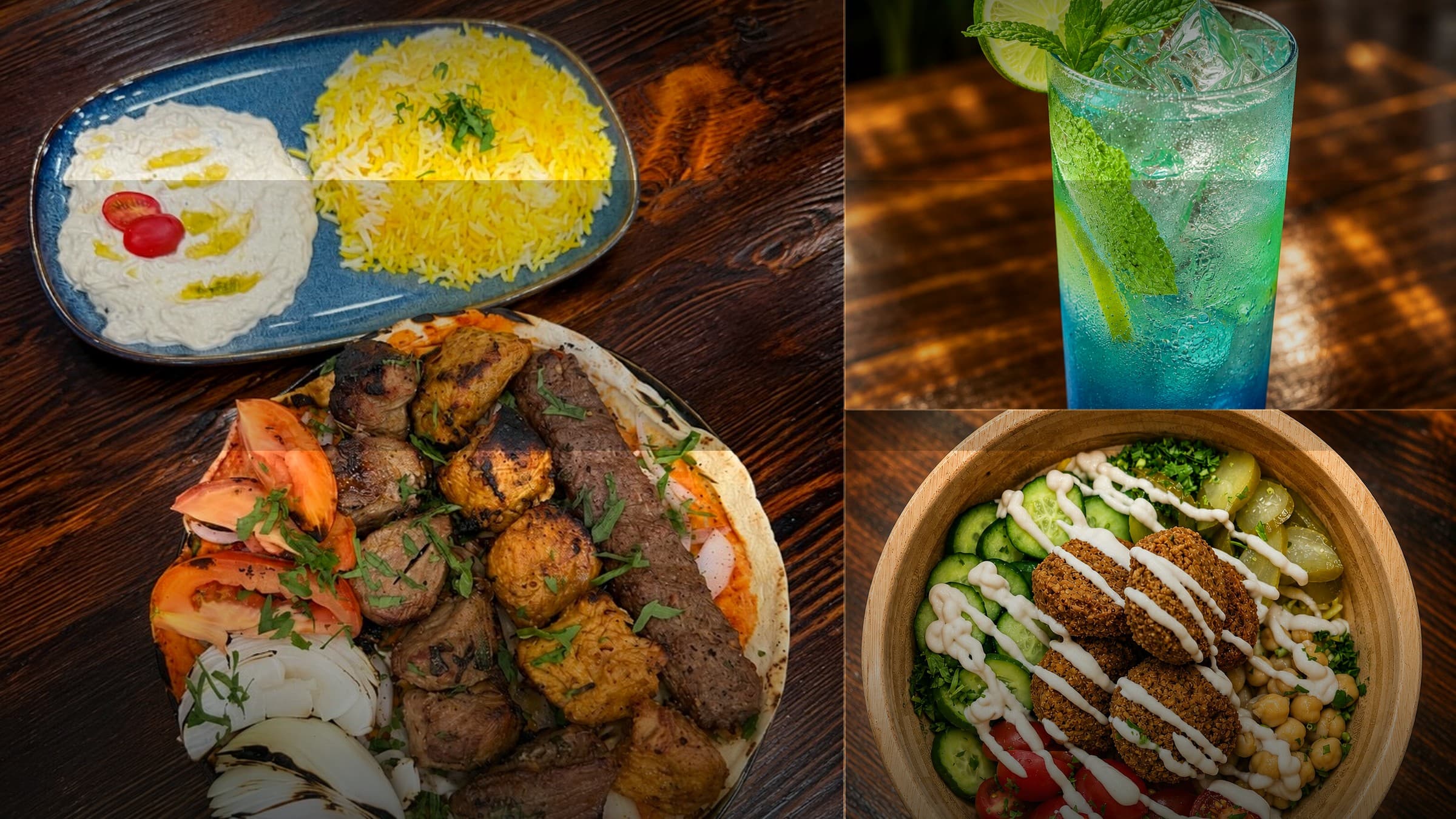 Mediterra mixed grill, blue lagoon cocktail, and falafel bowl